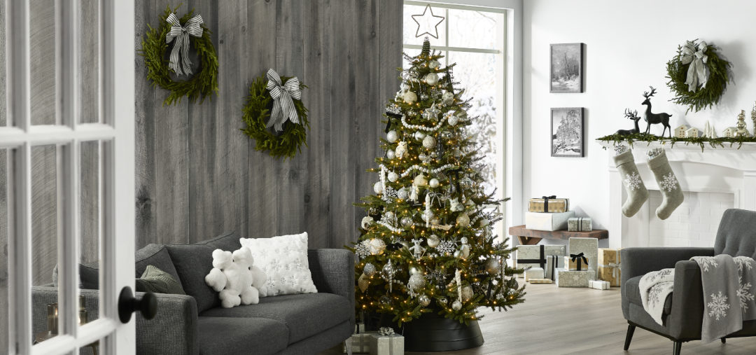 Shop CANVAS Un-Lit Indoor Christmas Decoration Pine Wreath, 24-in, CANVAS Black & White Bow, CANVAS Silver Frost Collection Snowflake & Square Glitter Cushion/Throw Pillow, 16x16-in, 2-pk, CANVAS Jeweled Star Tree Topper, CANVAS Rhodes Pre-Lit Indoor Unswept Christmas Tree with 650 LEDs, Alpine, 7-ft, CANVAS Silver Frost Collection Grey Snowflake Knit Stocking, 18.5-in, CANVAS Standing Matte Black Deer, 18-in, CANVAS Silver Frost Collection Reversible Grey Snowflake Throw Blanket, Grey, 50x60-in and more