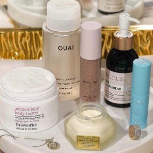 @spacenk&rsquo;s instagram photo of This Works Perfect Legs Body Butter,Farmacy Beauty Honey Halo Ultra-Hydrating Ceramide Moisturizer,Tula Skincare Glow & Get It Cooling & Brightening Eye Balm,Biossance 100% Squalane Oil,Rose Inc Skin Enhance Luminous Tinted Serum,Ouai Body Cleanser