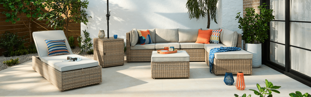 Shop CANVAS Baysville All-Weather Wicker Rectangle Outdoor Patio Lounger Chair with Fade/Water-Resistant Cushion, CANVAS Baysville All-Weather Wicker Rectangle Outdoor Patio Umbrella Side Table Stand, CANVAS Blue & Orange Striped Market Umbrella, Polyester Fabric, Multicoloured Stripes, CANVAS Baysville Square Modular Outdoor Patio Conversation Sectional Set with Water/Fade Resistant Cushions, 6-pc, CANVAS Colour Spritz Orange Striped Cushion Cover, Water/Stain/Fade-Resistant, Cover Only No Insert, 18 x 18-in, CANVAS Lantern, Sage or Blue, Assorted and more