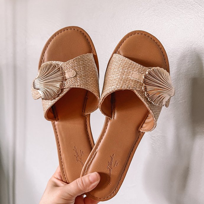 user image by @alissalkelly, Women&#39;s Nesryn Raffia Shell Ornament Slide Sandals - Universal Thread&#8482; Tan