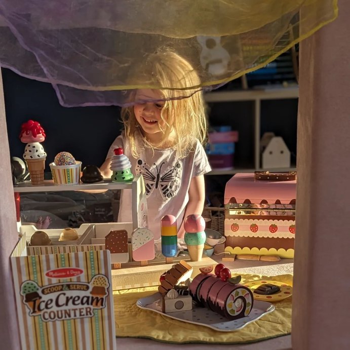 user image by @littlemissplaytime, Melissa &#38; Doug Wooden Scoop and Serve Ice Cream Counter With Play Food and Accessories - 28pc
