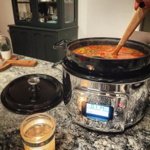  All-Clad Electrics Stainless Steel and Cast Iron Slow Cooker 5  Quart 7-in-1 Slow Cook High/Low, Braise, Sauté, Simmer, Manual, Keep Warm  1200 Watts Stove and Oven Safe Black Enamel Crock Insert