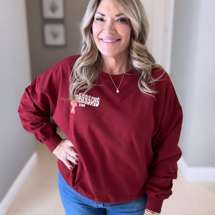 user image by @michmickstyle, Women's Gingerbread Fleece Graphic Sweatshirt - Burgundy
