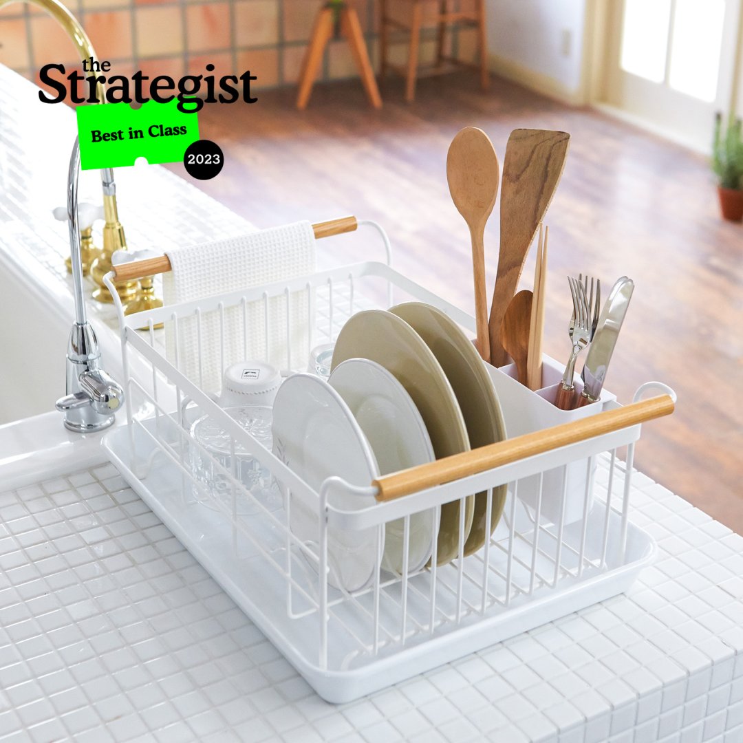 Dish Rack by Yamazaki Home in white in a bright kitchen.